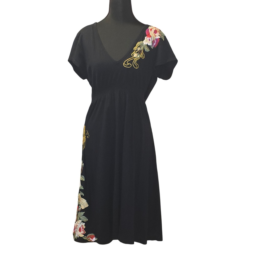 JWLA Johnny Was Black Embroidered Floral Butterfly V-Neck Midi Dress Large